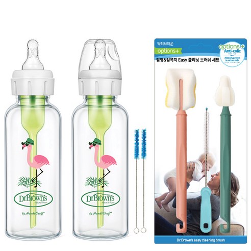 닥터브라운 데코 내로우넥 유리 젖병 250ml 2p + 이지 클리닝 브러쉬, 플라밍고, 1개