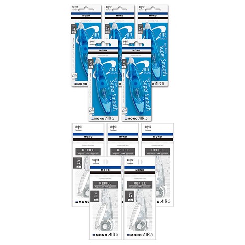 톰보우 모노에어 펜타입 수정테이프 5mm 5p + 리필 5p, 블루, 1세트