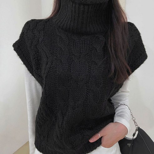 플렌데이 따뜻한 터틀넥 꽈배기 니트 조끼