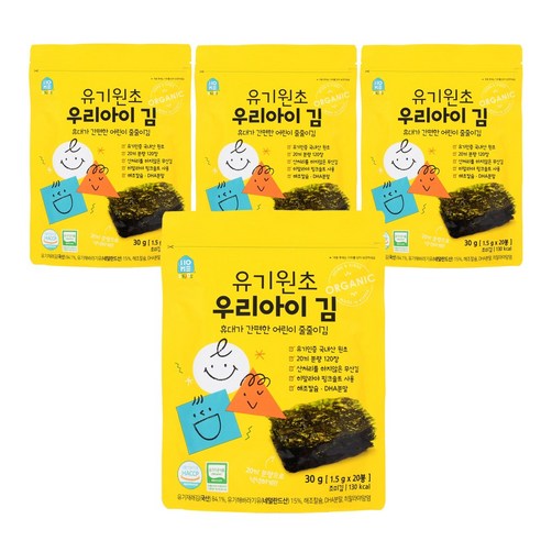 홈앤키즈 유기원초 우리아이 김 1.5g x 20p, 4개, 30g