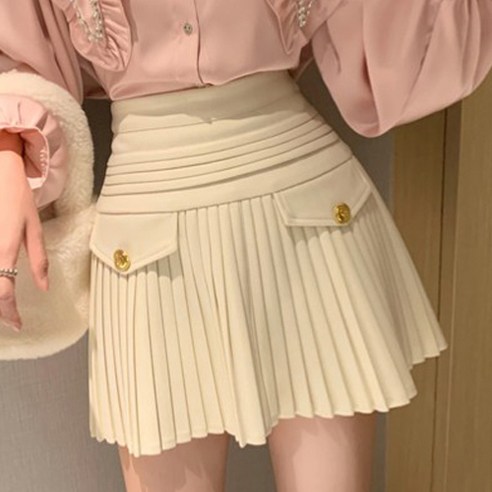 페이퍼먼츠 골드버튼 장식 플리츠 미니 스커트 01205