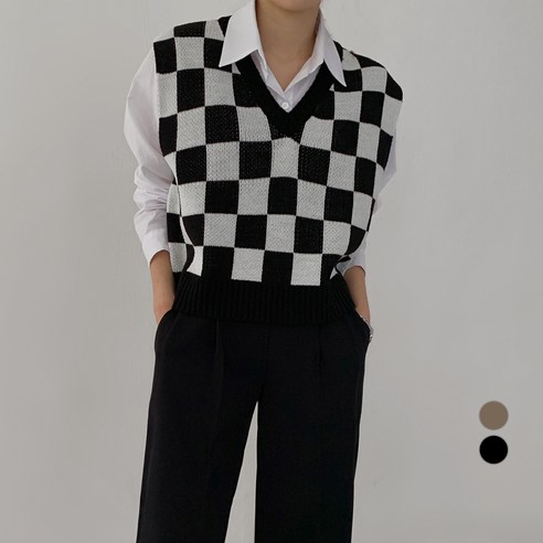 바블링브룩 여성용 체커보드 브이넥 니트 조끼