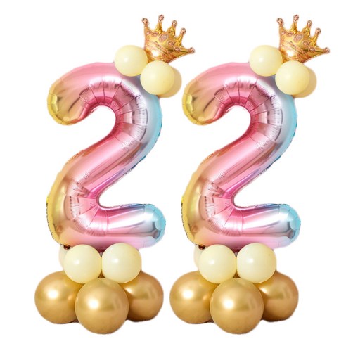 컬러풀 왕관 숫자 기둥 2 풍선세트, 골드(왕관), 1세트