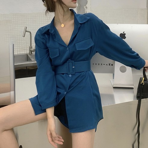 비비에모 여성용 실키 허리벨트 롱 셔츠 블라우스 00853