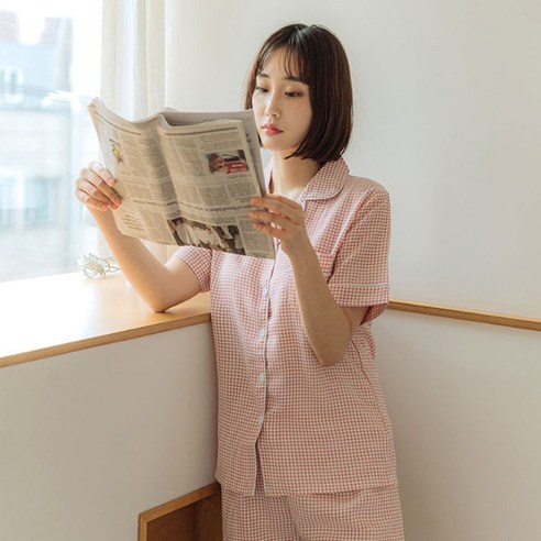 도씨 여성용 시어서커 레이온 카라 반팔 잠옷 세트 D8802