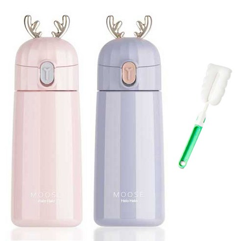 푸코 무스 원터치 보온보냉 텀블러 270ml x 2p + 세척솔 세트, 핑크, 그레이(텀블러), 랜덤발송(세척솔), 1개