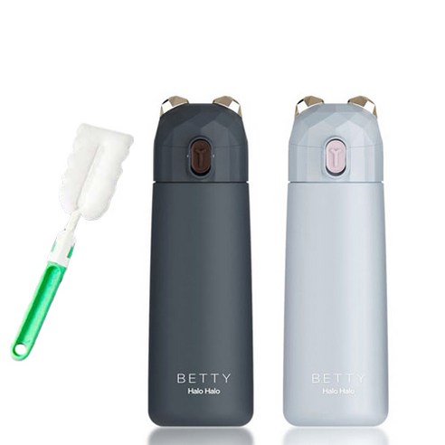 푸코 베티 원터치 텀블러 보온보냉병 2p + 세척솔 세트, 블랙, 라이트블루(텀블러), 350ml
