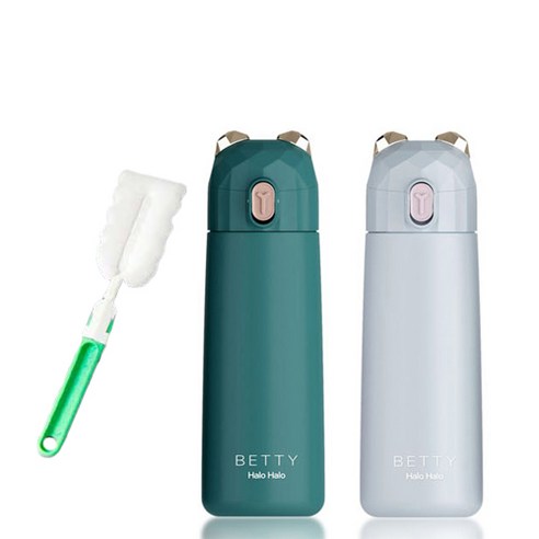 푸코 베티 원터치 텀블러 보온보냉병 2p + 세척솔 세트, 포레스트그린, 라이트블루(텀블러), 350ml