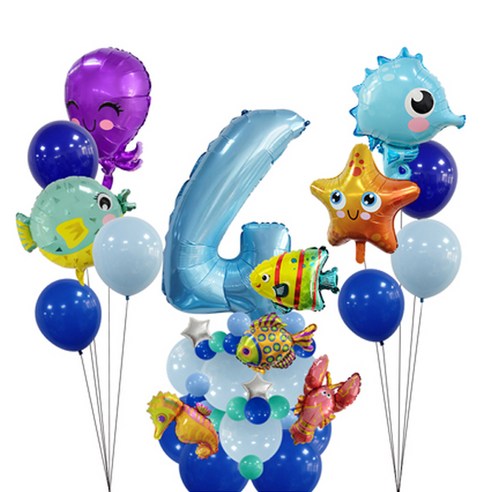 이자벨홈 바다생물 생일파티 + 숫자 4 세트, 블루, 1세트