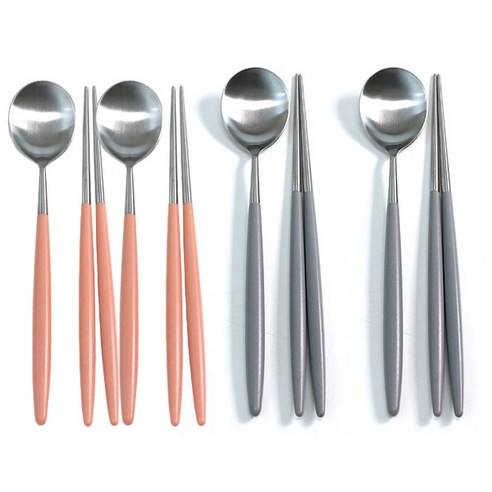 리빙해피 봉봉 컬러 수저 4벌 세트, 피치, 그레이, 숟가락  4p + 젓가락 4p