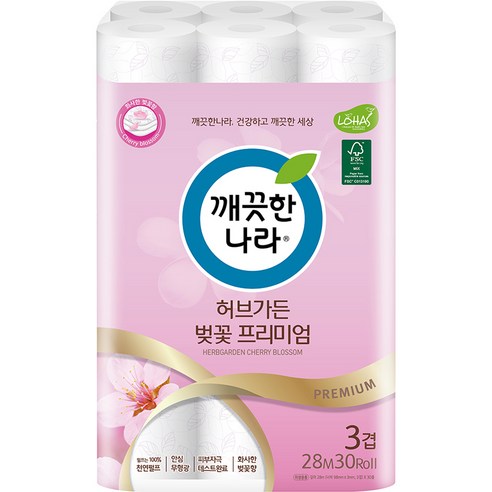 깨끗한나라 3겹 펄프 허브가든 벚꽃 프리미엄 화장지 28m, 30롤, 1팩