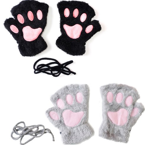 파티쇼 밍크 고양이 장갑 양손 2종 세트, 블랙, 그레이, 1세트