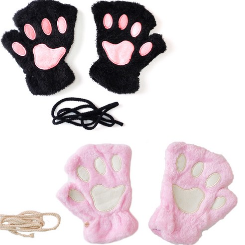 파티쇼 밍크 고양이 장갑 양손 2종 세트, 블랙, 핑크, 1세트