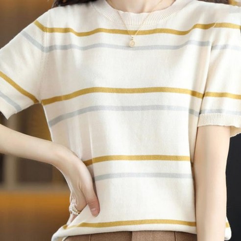 페이퍼먼츠 여성용 스트라이프 컬러 블록 반소매 니트 티셔츠 04979