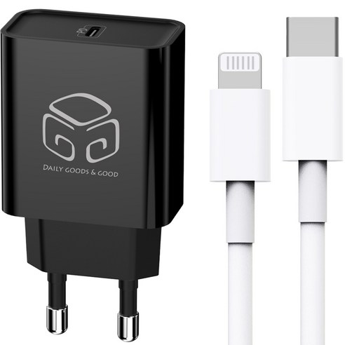 디지지 20W C타입 PD 초고속 충전기 + C to 8 라이트닝 케이블 1m 세트, 블랙(충전기), 화이트(케이블), 1세트