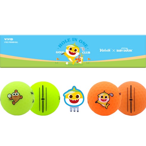 볼빅 아기상어 비비드 3피스 골프공 2종 x 2p + 볼마커 세트, 오렌지, 그린, 1세트