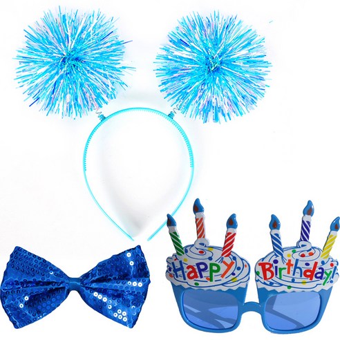 파티쇼 트윙클방울머리띠 + 생일컵케익 안경 + 나비넥타이 중 양면 세트, 블루, 1세트