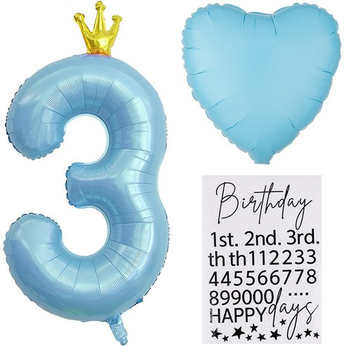 조이파티 숫자왕관 은박풍선 대 3 + 하트 은박풍선 마카롱 + Birthday 숫자 스티커 세트, 블루(풍선), 블랙(스티커), 1세트