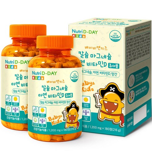 뉴트리디데이 베이비앤키즈 칼슘 마그네슘 아연 비타민D 츄어블 216g, 180정, 2개