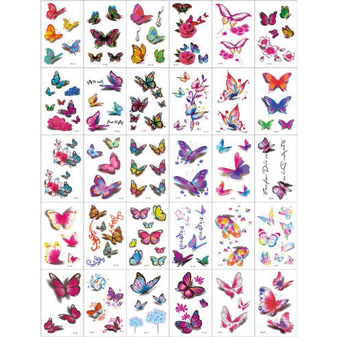 3D 입체문신 장미 꽃 타투 스티커 30종 나비 세트, 혼합색상, 1세트