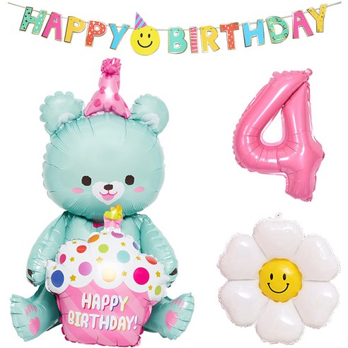 조이파티 스마일 생일가랜드 + 숫자 은박풍선 소 핑크 + 데이지 은박풍선 소 + 스탠딩에어벌룬 생일곰 은박풍선 민트 세트, 4(숫자 은박풍선), 1세트