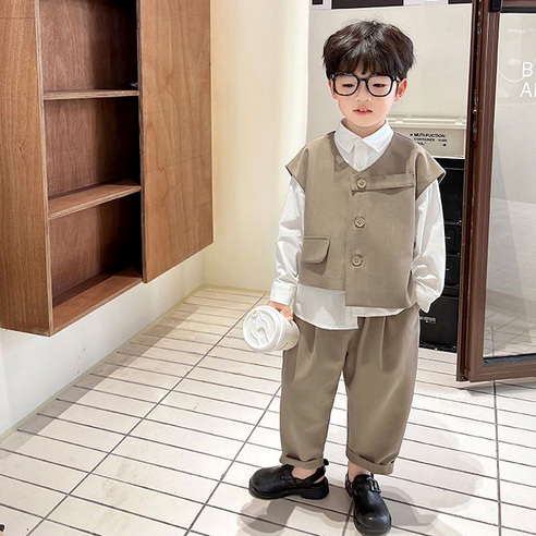 미소파파 남아용 주노언발 3종 상하의 세트, 130, 카키그레이