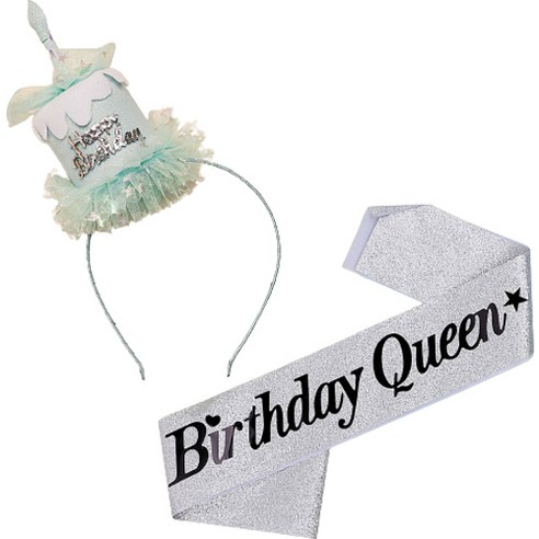 조이파티 생일케익 머리띠 + 생일 어깨띠 Birthday Queen 세트, 블루(머리띠), 글리터실버(어깨띠), 1세트