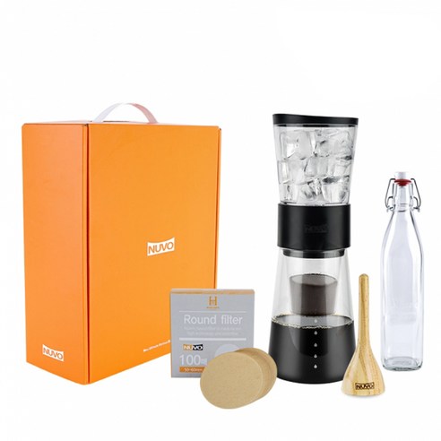 누보 홈콜드브루 DG 세트, 450ml, 본품, 우드탬퍼, 더치병, 종이필터 50매, 라운드 필터 100매, 다크 그레이, 1세트