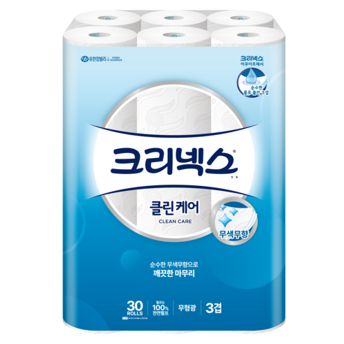 크리넥스 클린케어 3겹 아쿠아프레시 화장지 30m, 30롤, 1개