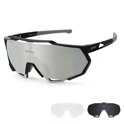오클랜즈 스포츠 선글라스 프레임 + 렌즈 3종 세트 QX70, 블랙(프레임), 실버(렌즈)