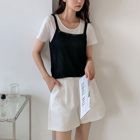 뜨개진 여성용 린넨 스퀘어넥 뷔스티에 히포에 나시
