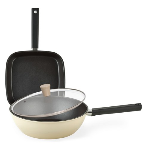 퀸센스 샌드 후라이팬 3종 세트, 사각팬 27cm + 궁중팬 28cm + 유리뚜껑, 1세트, 베이지