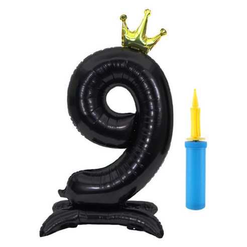 올리브파티 초대형 스탠딩 왕관 숫자 생일풍선 + 손펌프 세트, 블랙(숫자9), 1세트
