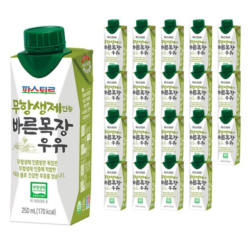 파스퇴르 바른목장 우유, 250ml, 20개