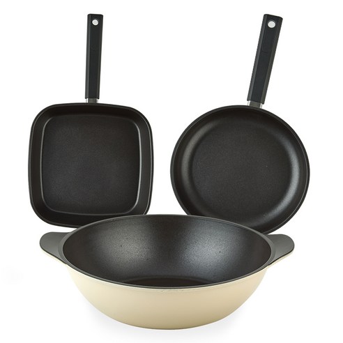 퀸센스 샌드 후라이팬 3종 세트, 베이지, 사각팬 27cm + 후라이팬 28cm + 파티웍 28cm, 1세트
