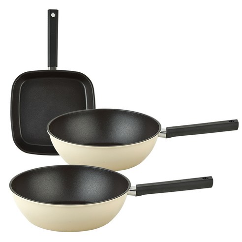퀸센스 샌드 후라이팬 3종 세트, 베이지, 사각팬 27cm + 궁중팬 28cm + 궁중팬 28cm, 1세트