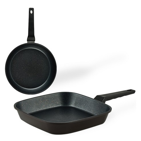 퀸센스 디너 후라이팬 2종 세트, 브라운, 사각팬 27cm + 후라이팬 24cm, 1세트