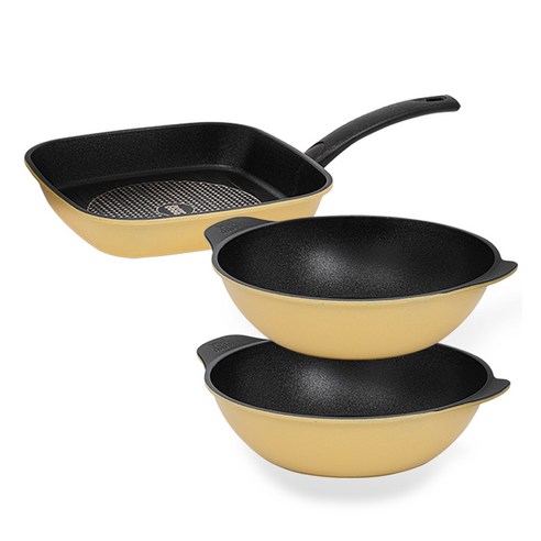 인터쿡 다이아 3종 세트, 옐로우, 사각팬 27cm + 파티웍 28cm 2p, 3개