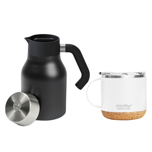 아소부 보온보냉 핸드드립 세트 490ml, 핸들서버 블랙 1L + 인피니트 머그컵 화이트 490ml, 1세트