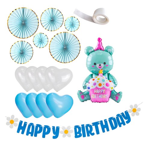 파티쇼 곰돌이 컵케익 데이지 생일 가랜드 파스텔팬 하트풍선 + 글루닷 세트, 민트(곰돌이풍선), 블루(하트풍선), 1세트