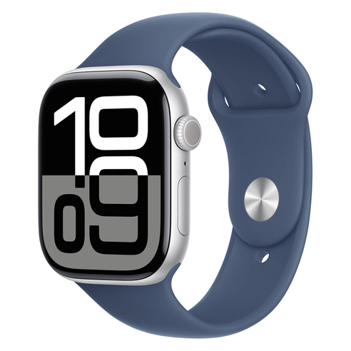 Apple 애플워치 10 GPS, 46mm, 실버 / 데님 스포츠 밴드, S/M