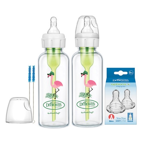닥터브라운 내로우 데코 유리젖병 플라밍고 2p + 1단계 젖꼭지 2p 세트, 투명, 250ml, 1세트