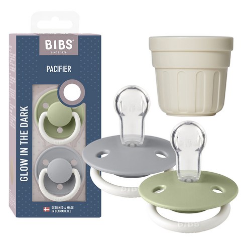 BIBS 디럭스 노리개 젖꼭지 2p + 전용캡 세트, ONE SIZE(36개월 미만), 05세이지야광 + 클라우드야광, 1세트