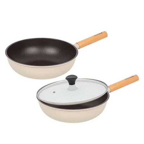 인터쿡 인덕션 포레스트 후라이팬 세트 3종, 베이지, 1세트, 궁중팬 28cm + 궁중팬 28cm + 유리뚜껑 28cm