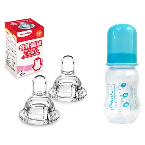 쭈쭈베이비 모유훈련 젖꼭지 2p + 덴티스타 젖병 세트, 혼합색상, 1세트, 130ml
