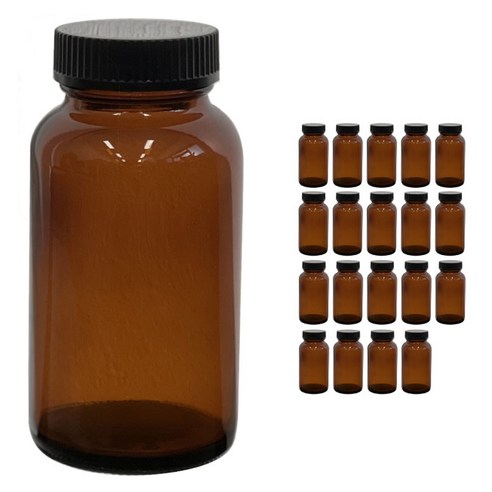 서울패키지 입구넓은 갈색 원형 유리병 250ml x 20p + 플라스틱 블랙 캡 20p 세트, 20개