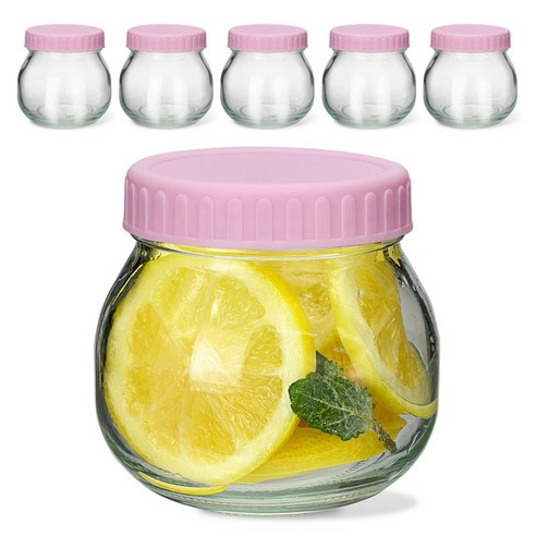미르 실리콘링 플라스틱 뚜껑 핑크 6p + 잼잼유리병 300ml x 6p 세트, 1세트