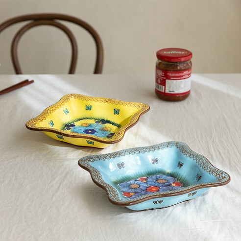 실레시아 폴란드풍 사각 볼 접시 20cm x 2종 세트, 버터컵, 블루지니아, 1세트, 사각 볼 접시 20cm 2p