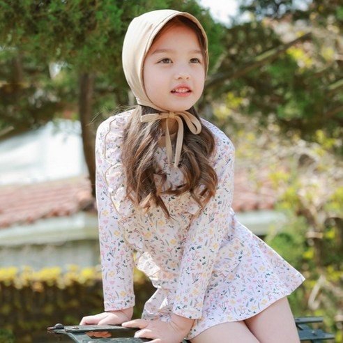 이유몽 여아용 비니키 프릴 수모 플라워 수영복 세트