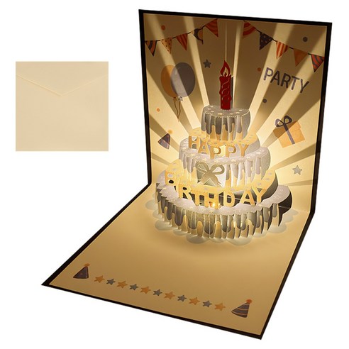 모던앳 3D 입체 멜로디 조명 팝업 생일 축하 카드 세트, 블루, 1세트